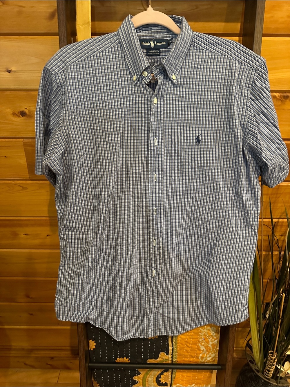 Ralph Lauren Blue Check Short-Sleeve Button-Down Shirt 100% cotton